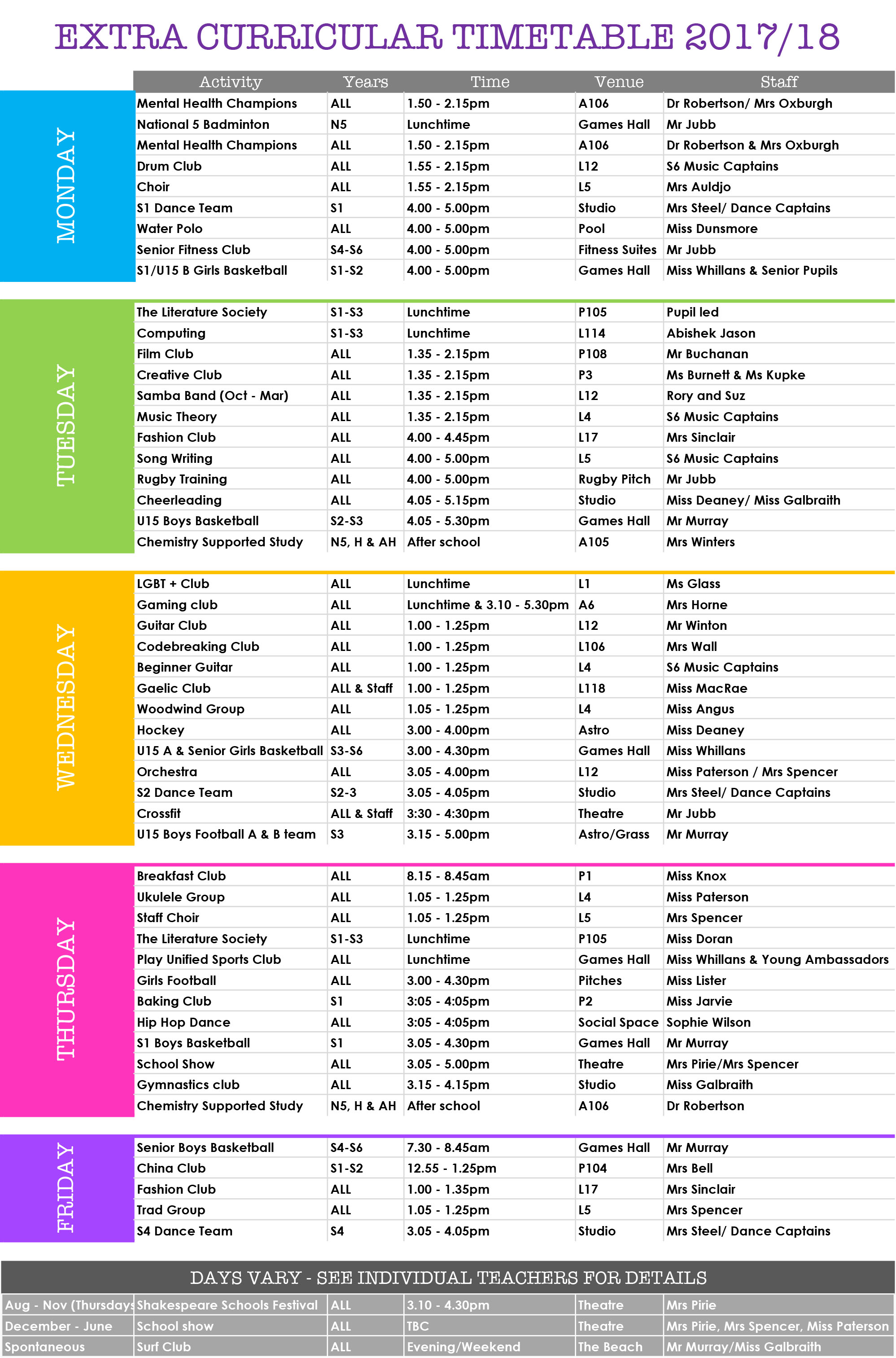 Extra Curricular Timetable - Beyond The Classroom - Wallace High School